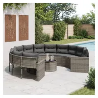vidaXL Gartensofa mit Tisch und Kissen Rund Grau Poly Rattan