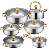 Topfset, Pfannenset 12-teilig mit Flötenkessel | Kochtopfset | Kochtöpfe | Töpfe mit Glasdeckel | Silber, Edelstahl | Retoo - Silber/Gold