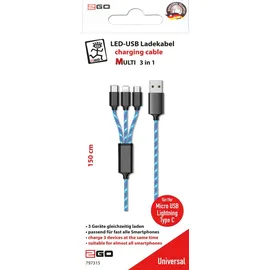 2Go 3in1 USB Kabel blau Micro-USB,Lightning,USB-C 1,5m Multimedia-Technik Ladegerät