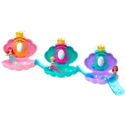 Disney Princess Bath Reveal Meerjungfrauenpuppen, muschelförmiges Überraschungsspielset mit Rutschen-Zubehör