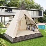 MODFU Gartenmöbel-Sets Gartenliege mit Rattanzelt und Stahlrahmen, Gartenlounge Set für 2-4 Personen, Sonnenliege Doppelliege mit aller Sitzkisse... - Beige