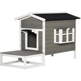 PawHut Katzenhaus mit Terrasse und Balkon grau, weiß 115 x 66,5 x 74,7 cm (LxBxH) Katzenhütte Katzenhöhle Kleintierhaus für Hunde