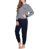 Moonline - Damen Frottee Schlafanzug mit Rundhals-Ausschnitt, Farbe:Offwhite/Navy, Größe:S - S