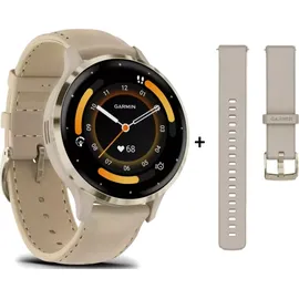 Garmin Venu 3S french gray/softgold mit Schnellwechsel-Leder-Armband + Schnellwechsel-Silikon-Armband french gray/softgold