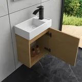 Faizee Home | Badmöbel Set Eiche – Waschtisch mit Unterschrank & Keramik-Waschbecken | Inkl. Wasserfall-Armatur in Schwarz | Modernes Badezimmermöbel mit elegantem Design