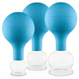 PULOX Schröpfgläser Set aus Echtglas mit Saugball - 3x Medizinisches Schröpfglas in Blau - 25mm, 32mm, 40mm