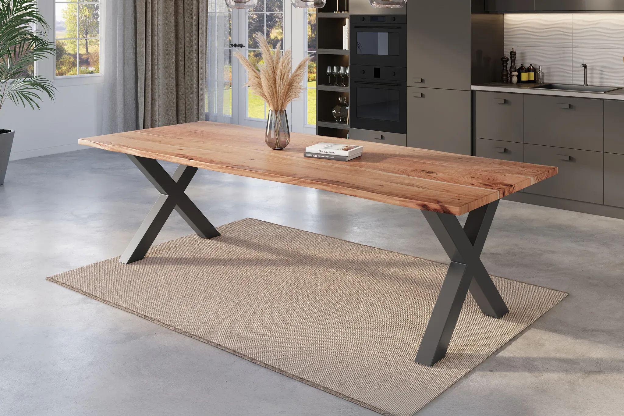 Esstisch Baumkante 280 x 100 cm Akazie natur massiv X-Gestell schwarz NICK