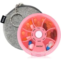 INVODA Pillenbox, Reise-Pillen-Förmchen, wöchentlich, niedlich, rund, Pillenbox, Geldbörse, Pillenbehälter, tragbar, kleine Medikamenten-Organizer (rosa + Tasche)