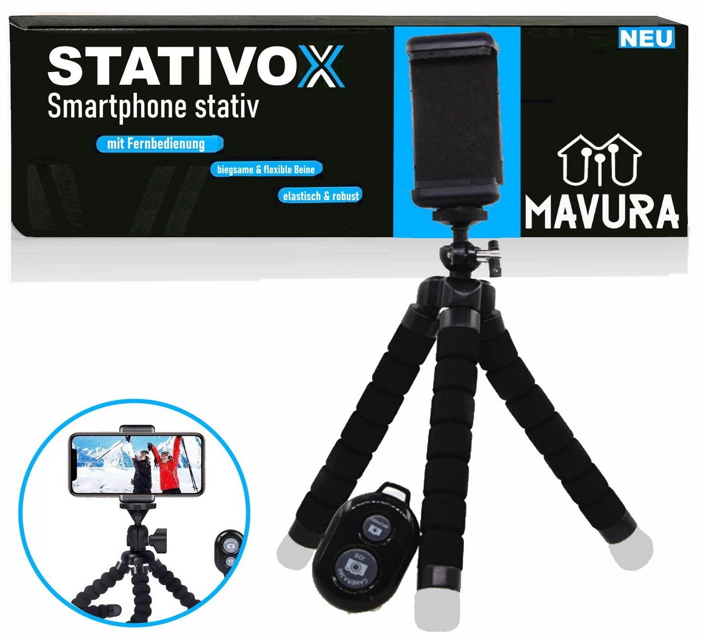 MAVURA STATIVOX Universal Smartphone Stativ flexibel Kamera Dreibein Dreibeinstativ (Handy Stativ) schwarz