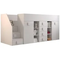 QMM TraumMöbel Hochbett TELLY 3 mit Treppe links (Bett mit Schrank, Schreibtisch, Schubladen, Regale, Treppe) ausziehbarer Schreibtisch mit weiteren Stauräumen weiß