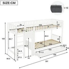 Okwish Etagenbett 90 x 200 cm Kiefer massiv weiß