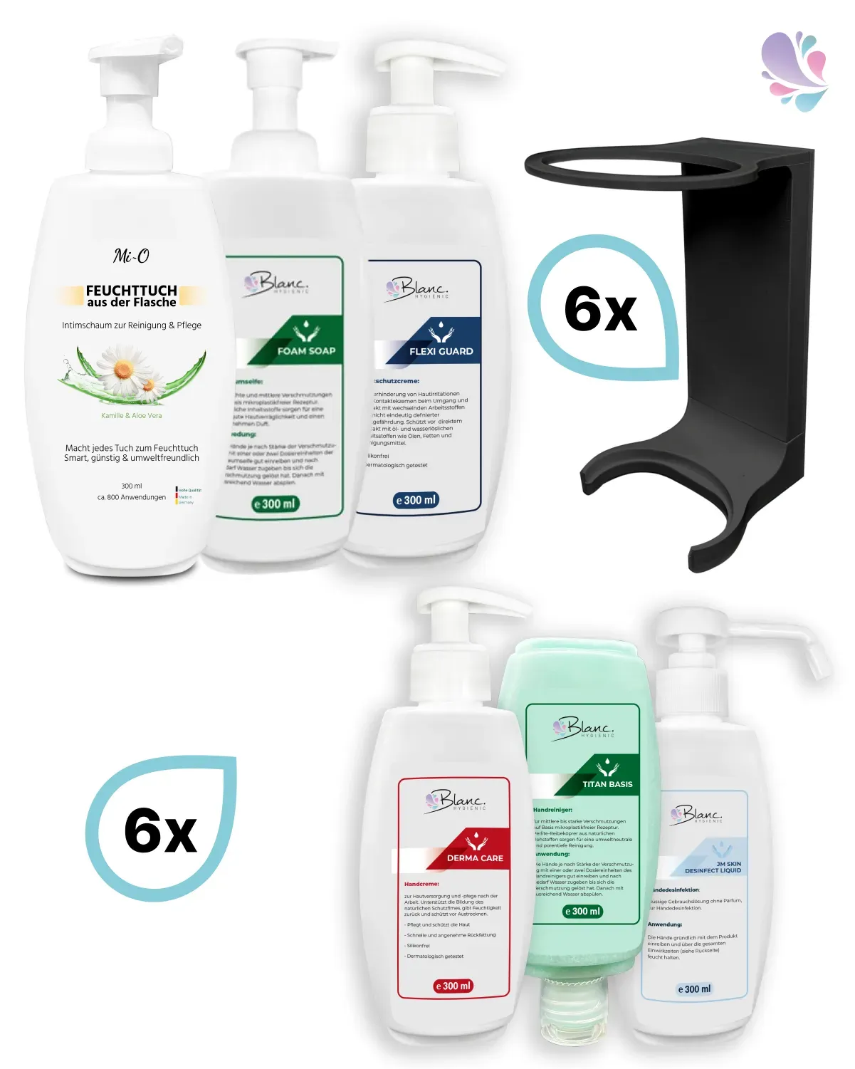 KOMPLETT-SET: Mini Fix-STARTER- 6x Mini Fix Spender, weiß oder schwarz + je eine Flasche der Min Fix Serie, 6x 300 ml