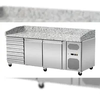 Skyrainbow Pizza Kühltisch, Granit rosa-grau, 2 Türen 7 ungek. Schubladen, 203 x 80 Kühlaufsatz GN1/3 mit Glas