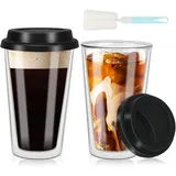 ZgoEC Doppelwandige Kaffeegläser mit Deckel, 12oz Latte Macchiato Gläser, 2 Stück Thermogläser mit Deckel, Teegläser Kaffeebecher Cappuccino Gläser, Doppelwandige Gläser Ideal für Eiskaffee, Tee