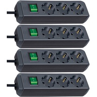 Brennenstuhl Eco-Line 3-fach Steckdosenleiste (Steckerleiste mit Kindersicherung, Schalter und 1,5 m Kabel) schwarz | 4er Pack