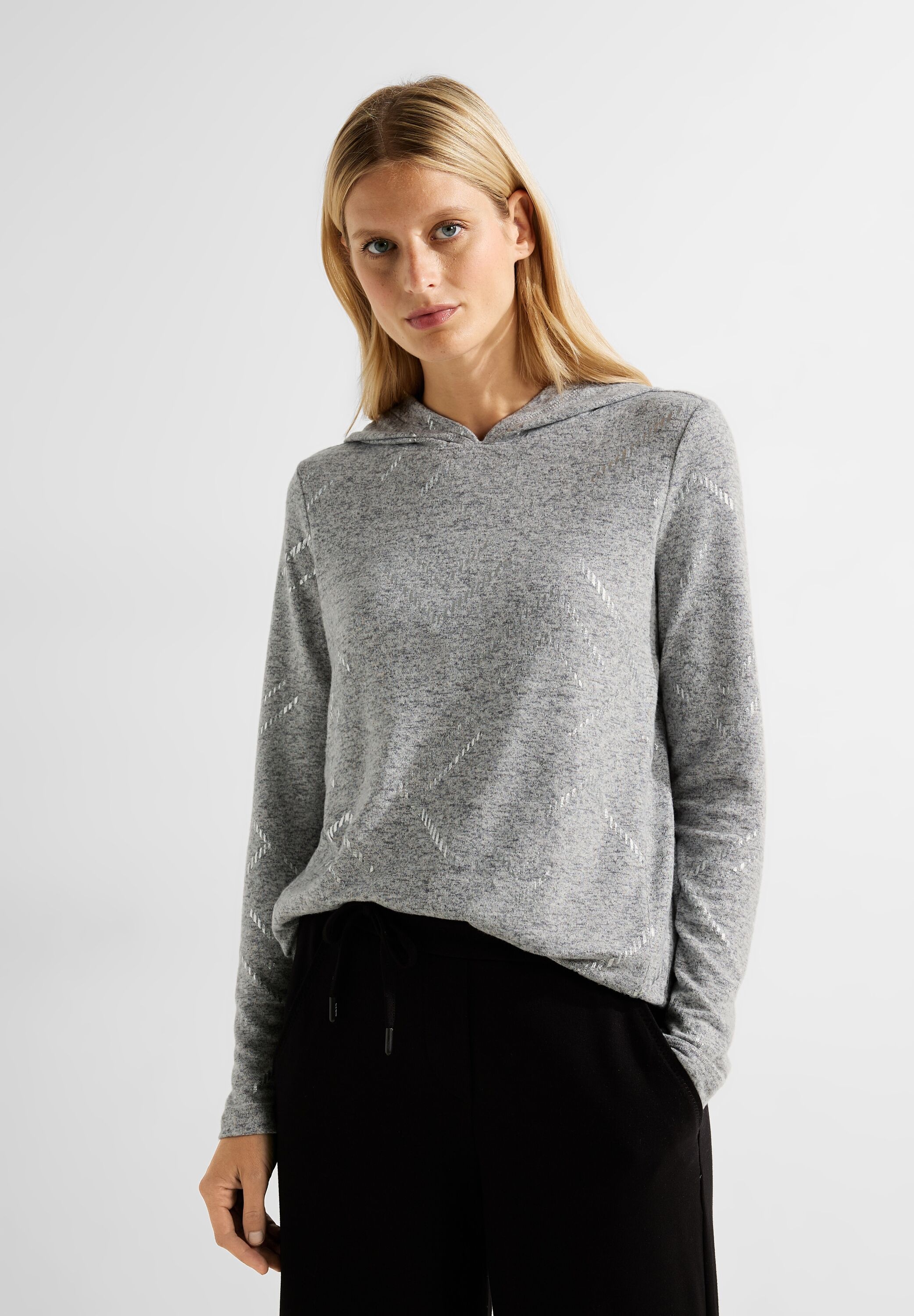 Kapuzenshirt CECIL Gr. XL (44), grau (shiny mineral grey melange) Damen Shirts Jersey