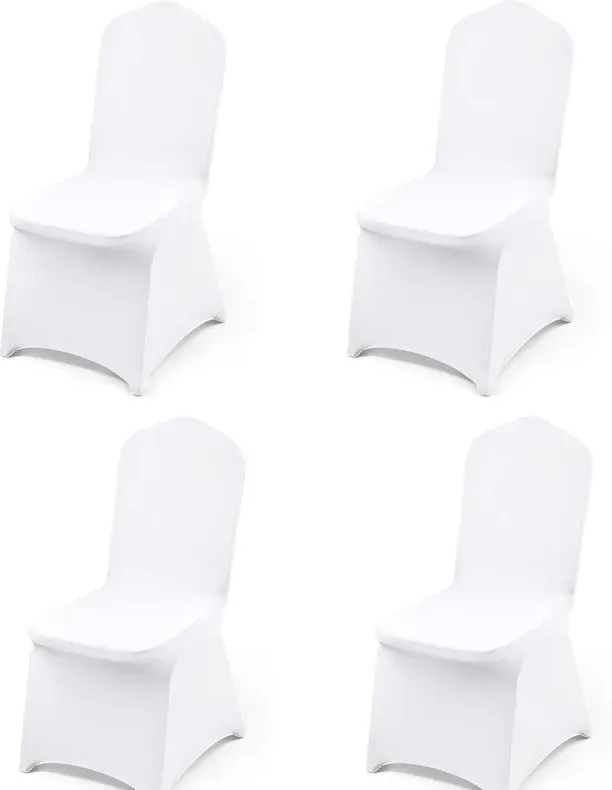 Weiße Spandex-Stuhlhussen, Stretch-Polyester-Bezüge für Hochzeits-, Party- und Esszimmerstühle – Flaches Frontdesign, universelle Passform, 4 Stück