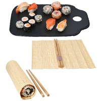MamboCat Servierplatte Bento Sushi Set 2 Personen Schieferplatte Sushi-Matte Ess-Stäbchen, Schiefer schwarz