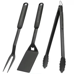 Grillbesteckset PURO schwarz - Gabel, Spatel, Zange - Werkzeug für BBQ und Planc...