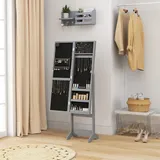 Schmuckspiegel Mit Led-beleuchtung, Schmuckschrank, Freistehender Schmuckschrank Mit Ganzkörperspiegel, Verstellbarer Winkel, Grau