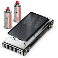 EVOCAMP Gaskocher 2-flammig mit Piezozündung - für Gaskartuschen MSF-1a 227g, (mit 2 Kartuschen und Grillplatte 45 cm, Campingkocher für Gas - Campinggaskocher - Camping Herd), 2,5 kW x 2 mit Grillaufsatz 45 cm + 2 Kartuschen
