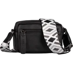Handtasche TOM TAILOR DENIM "Mena", Damen, Gr. B/H/T: 18,5cm x 12cm x 5cm, schwarz, Polyurethan, clean, gepflegt, unifarben, Taschen, weiches Material und betont durch farbenfrohe Statement-Webgurte