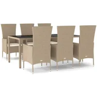 vidaXL 7-tlg. Garten-Essgruppe mit Kissen Beige Poly Rattan