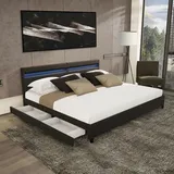 Home Deluxe - LED Bett NUBE - Schwarz, 200 x 200 cm - inkl. Matratze, Lattenrost und Schubladen I Polsterbett Design Bett inkl. Beleuchtung - Schwarz