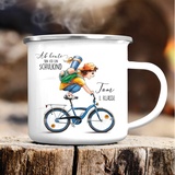 Wandtattoo Loft Kindertasse mit Namen, Motiv Schulkind Braune Haare auf Fahrrad, Emaille Tasse Kinder mit Namen, Kindertasse personalisiert, Trinkbecher Kinder, Tasse mit Namen, Camping Tasse Kinder