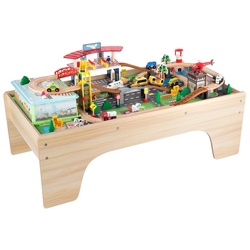 Coemo Spielzeugeisenbahn-Set, Spur Klein, Set: Spieltisch und 100 tlg. Holzeisenbahn beige