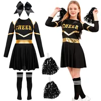 DUOLAM Cheerleader Kostüm Mädchen Kinder: Karneval Cheer Leader Uniform Outfits, Cheerleading Kleid mit Pompoms Socken für Karneval Halloween Faschings Kostüme Dress Up Fasching Party (140)