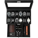 KILHS Uhrenbox für 12 Uhren,2-stöckige Watch Box mit Glasdeckel & Schublade,Uhrenbox Herren mit Schlüsselschloss – Perfektes Männergeschenk für Ringe,Manschettenknöpfe & Uhren,Schwarz