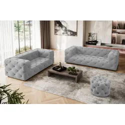 3-Sitzer PLACES OF STYLE "FOLLINA", grau, B:226cm H:71cm T:100cm, 100% Polyester, Sofas, 3-Sitzer Sofa mit klassischer Chesterfield-Knopfheftung