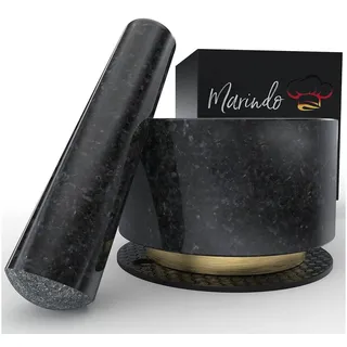 Marindo Mörser XL Granitmörser Gewürzmörser Groß Küchenmörser Steinmörser, mit Stößel und Rutschfeste Untersetzer ⌀ 14 x 8 cm schwarz