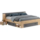 trendteam Follow Bett 180x200cm mit Nachttisch, Schubladen, Regalen auf beiden Seiten Eiche Nachbildung, grau.