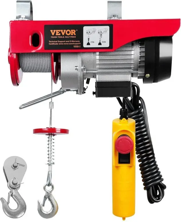 VEVOR Elektrischer Seilzwingen-Kran mit kabelgebundener Fernbedienung, 550 lbs Tragkraft, Notstopp, 14 ft Hubhöhe, 2,1 ft/min, 220 V EU-Stecker
