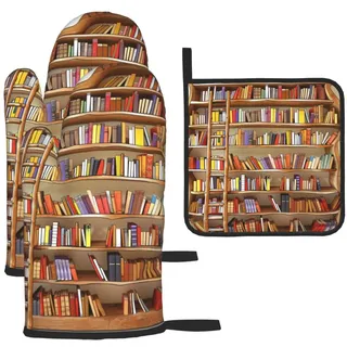 Lustige Bücherregal-Kollektion und Leiter, bedruckte Ofenhandschuhe und Topflappen, 3-teilig, hitzebeständig, wasserdicht, Backhandschuhe, Topflappen