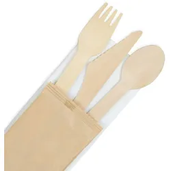 BIOZOYG 200 Stück Einweg-Besteck-Set Partybesteck Biobesteck kompostierbar, Holzbesteck Einwegmesser Einweggabel Einweglöffel und Recycling-Serviette