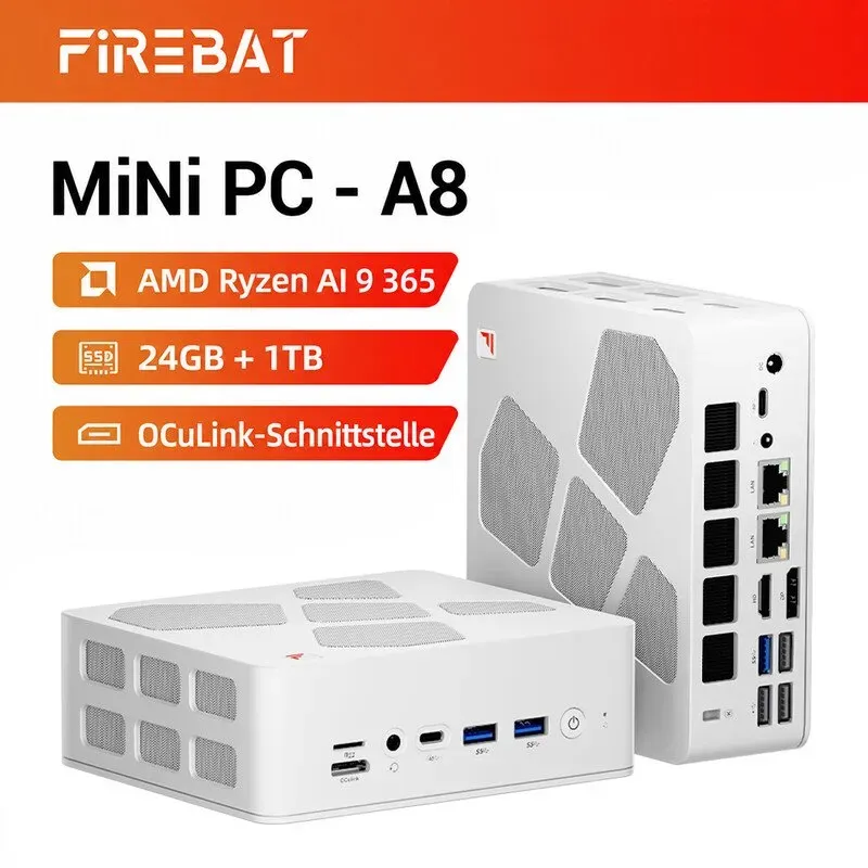 FIREBAT A8 Mini-PC: AMD Ryzen AI 9 365 (10 Kerne/20 Threads), 24 GB DDR5-RAM, 1 TB PCIe 4.0 SSD, Radeon 880M Grafik, unterstützt 4K-Vierfach-Display, duales 2,5G-Ethernet/USB4/HDMI 2.1/Oculink | Wi-Fi 6E/Bluetooth 5.2, ein kompakter, leiser Gaming-Desktop, geeignet für Heimbüros und gewerbliche Umgebungen