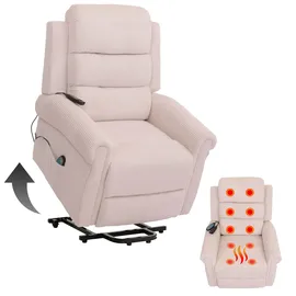 Mendler Fernsehsessel HWC-K63, Relaxsessel, Liegefunktion Aufstehhilfe Massage Heizfunktion, Stoff (220g/m2) Cord - Creme-weiß