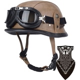 Deutsche Leder Motorrad Halbhelme Retro Halbschalenhelm JetHelm mit Visier Schnellverschluss Schnalle für Cruiser Chopper Biker Moped DOT/ECE-Zulassung