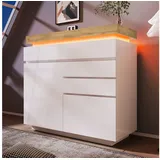 Flieks Kommode mit 2 Türen und 3 Schubladen Hochschrank Weiß (für Wohnzimmer, Schlafzimmer und Esszimmer, 1 St), Sideboard mit LED und verstellbar Ablagen Hochglanz, Breite 110 cm weiß