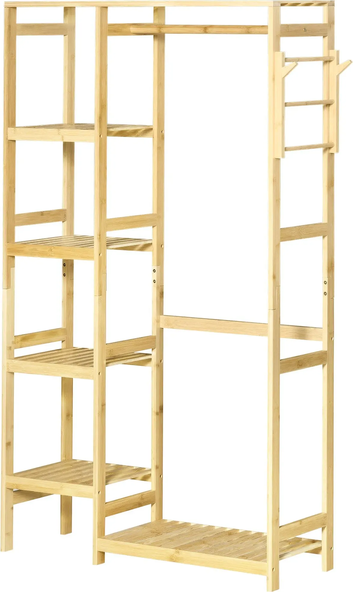 HOMCOM Kleiderständer aus Bambus mit Regalen, Stange und 2 Haken - Maße 90B x 30T x 155H cm   Aosom