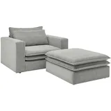 furn.design Loveseat Sessel Set in hellgrau Cord Couch Loungesessel Hocker Pesaro