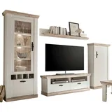 furn.design Wohnwand Weiß, Pinien, Metall, Nachbildung,Pinie, 5 Fächer, 2 Schubladen, 296x201x44 cm, FSC 100%, Wohnzimmer, Wohnwände, Anbauwände