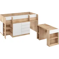 FurnitureByJDM Kompaktes, Modernes Hochbett mit Schreibtisch, Schubladen und Bücherregal – Smile L – (Eiche Sonoma/Weiß)