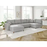 s-style möbel - Wohnlandschaft mit Braun Holzfüßen im skandinavischen Stil aus Hellgrau Cord-Stoff,