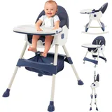 Hochstuhl Baby Kinderhochstuhl mit Abnehmbares Tablett Hochstuhl Verstellbar Klappbar Babystuhl mit Liegefunktion Kombihochstuhl mitwachsend esszimmerstuhl ab 6 Monate kleinkinder (Blau)