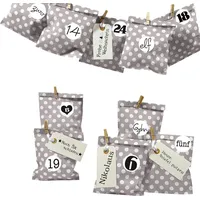Frau Wundervoll DIY Adventskalender zum Befüllen Bescherung, Papiertueten flach 13x16,5cm, taupe Punkt, Ziffern schwarz-weiß