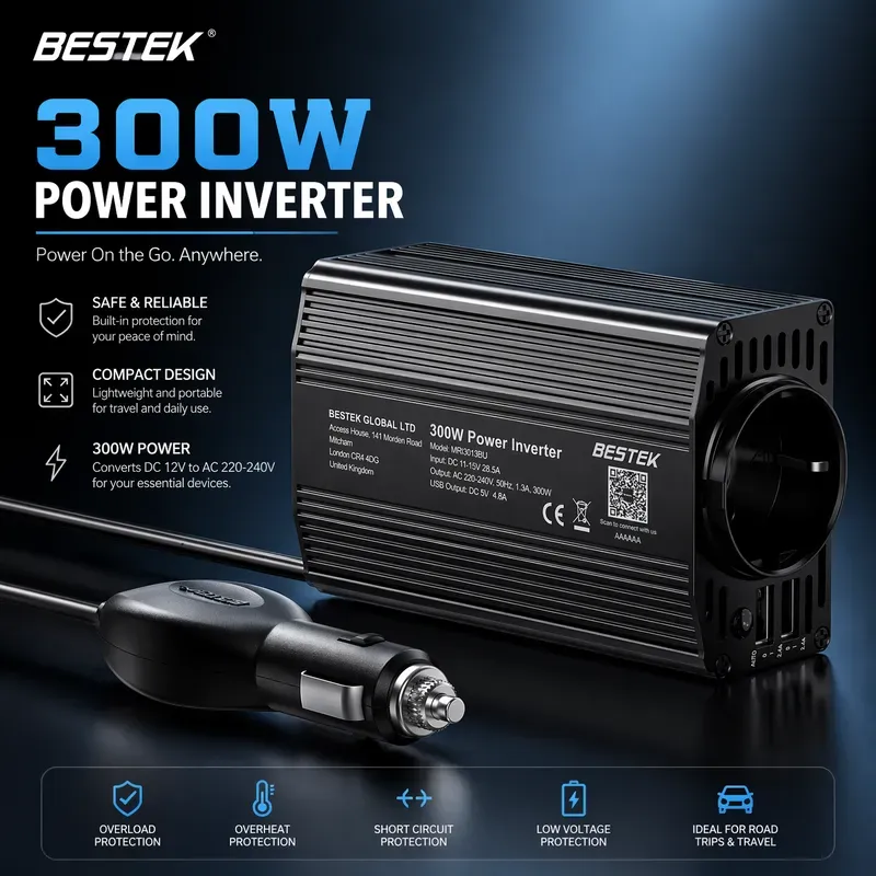 BESTEK Spannungswandler 300W 12V auf 230V, TÜV-zertifiziert, mit 2 USB-Ports (Gesamt 4.8A) & Autozigarettenanzünderstecker, Schwarz